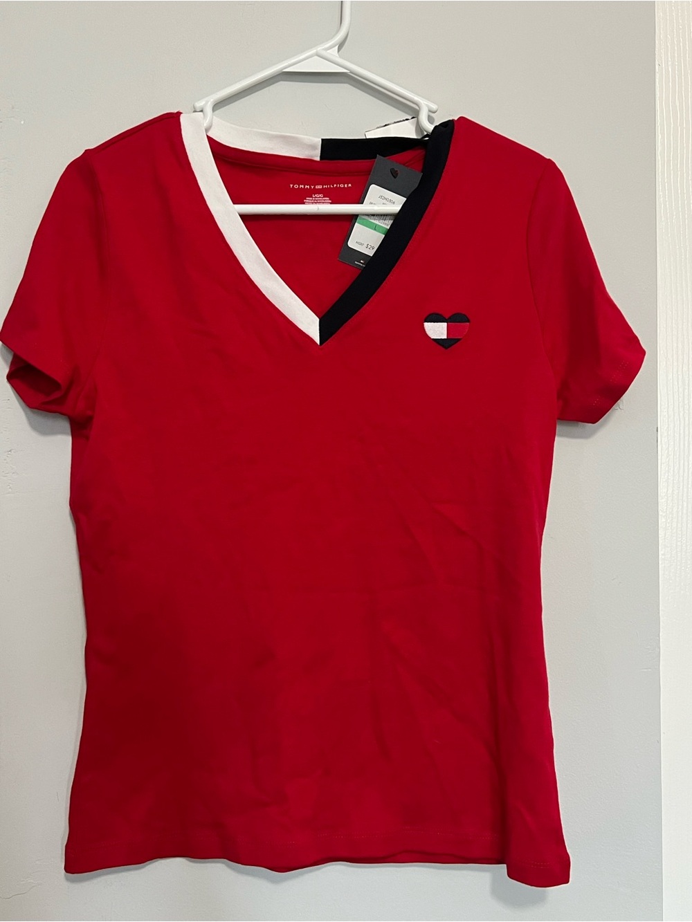 Tommy Hilfiger Red V-Neck Short Sleeve Tee with Heart Logo